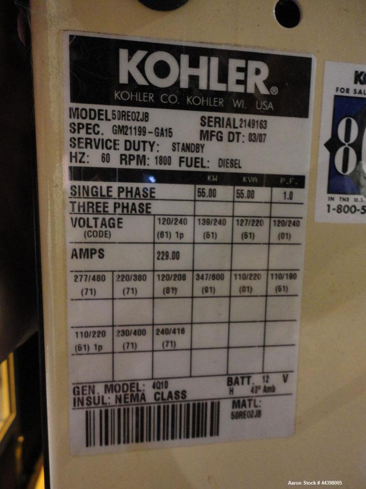 Used Kohler 55 kW Standby (50kW prime) Diesel Generator Set, trailer mounted, model 50REOZJB, serial #2149163.  John Deere 4045TF270 engine rated 110 hp @ 1800 rpm, serial #PE4045T656712, EPA tier II...