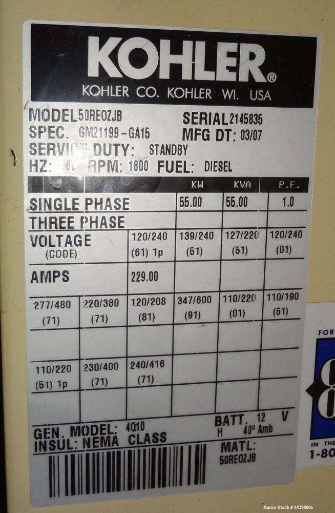 Used Kohler 55 kW Standby (50 kW prime) Diesel Generator Set, portable / trailer mounted, model 50REOZJB, serial #2145835.  John Deere 4045TF270 engine rated 110 hp @ 1800 rpm, serial #PE4045T656697,...