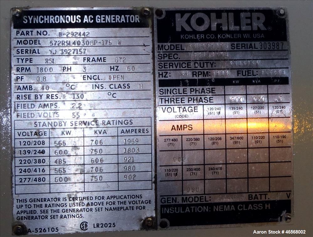 Used Kohler 600kW standby (545 kW prime) diesel generator set, model 600ROZD71,