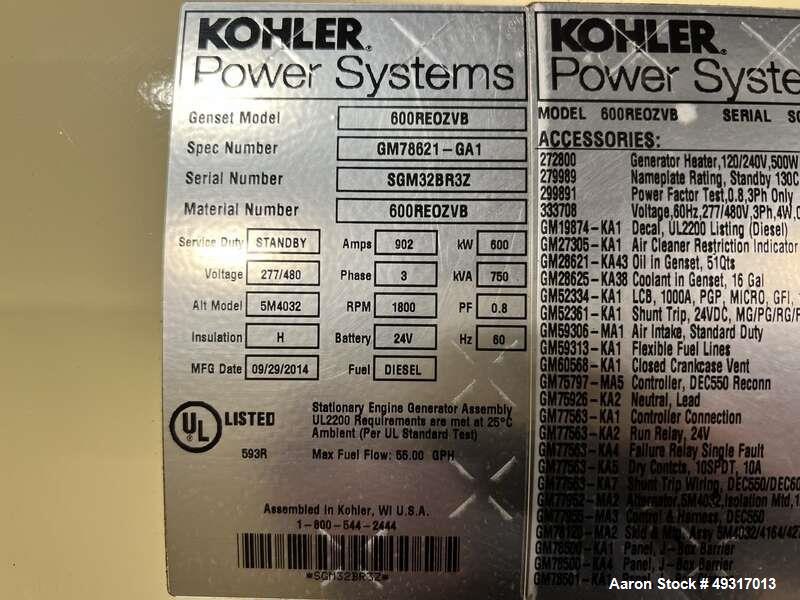 Used Kohler 600 kW Standby (545 kW Prime) Diesel Generator Set