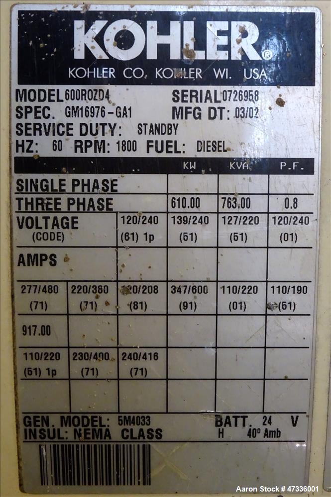 Used- Kohler 610 kW Diesel Generator Set, Detroit Diesel / MTU 12V2000-G70