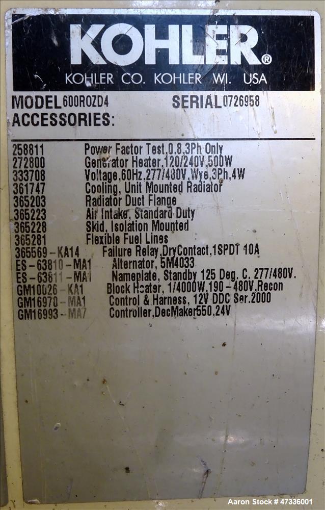 Used Kohler 610 kW Diesel Generator Set, Detroit Diesel / MTU 12V2000-G70