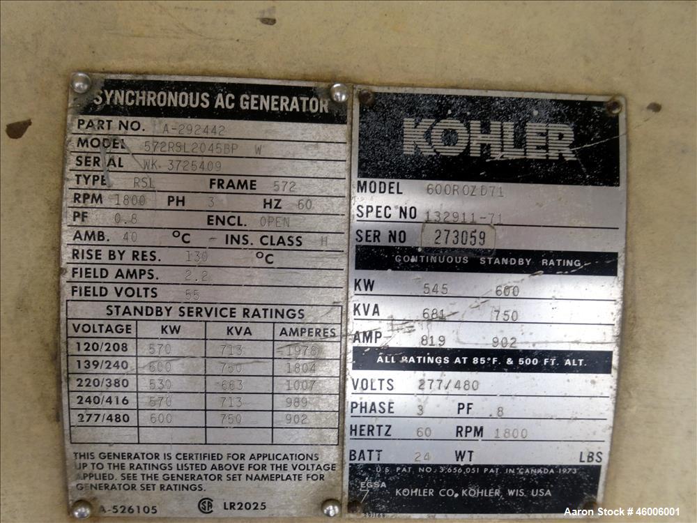 Used Kohler/Detroit Diesel 600 kW standby (545 kW prime) diesel generator set, model 600ROZD, SN-273059. Detroit Diesel 12V-92TA engine rated 947 HP at 1800 RPM, SN-5331. 3/60/277/480V. 1200 Amp main...