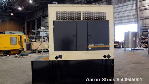Used Kohler 62 kW standby diesel generator set, model 60REOZJB, SN-2104402. John Deere 4045T150 engine rated 110 HP @ 1800 RPM, emissions EPA tier 2 certified. 3/60/120/240V with PMG permanent magnet...