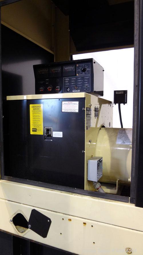 Used Kohler 62 kW standby diesel generator set, model 60REOZJB, SN-2104402. John Deere 4045T150 engine rated 110 HP @ 1800 RPM, emissions EPA tier 2 certified. 3/60/120/240V with PMG permanent magnet...