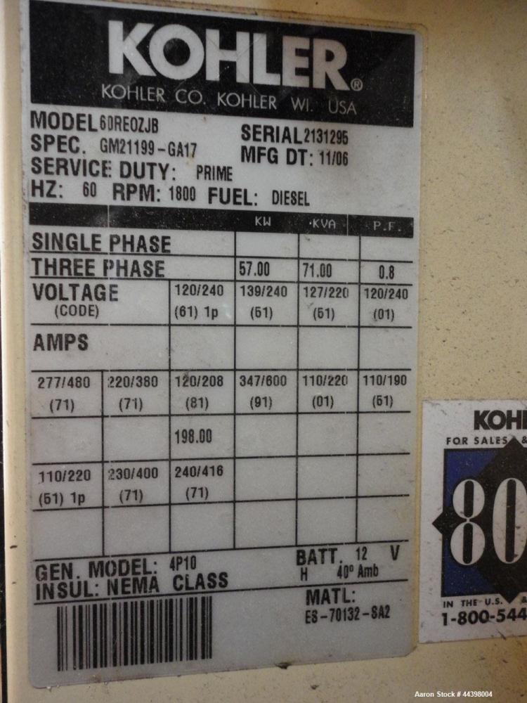Used Kohler 62 kW standby (57 kW prime) diesel generator set, portable / trailer mounted, model 60REOZJB, SN-2131295. John Deere model 4045TF270 engine rated 110 HP @ 1800 RPM, SN-PE4045T608511, emis...