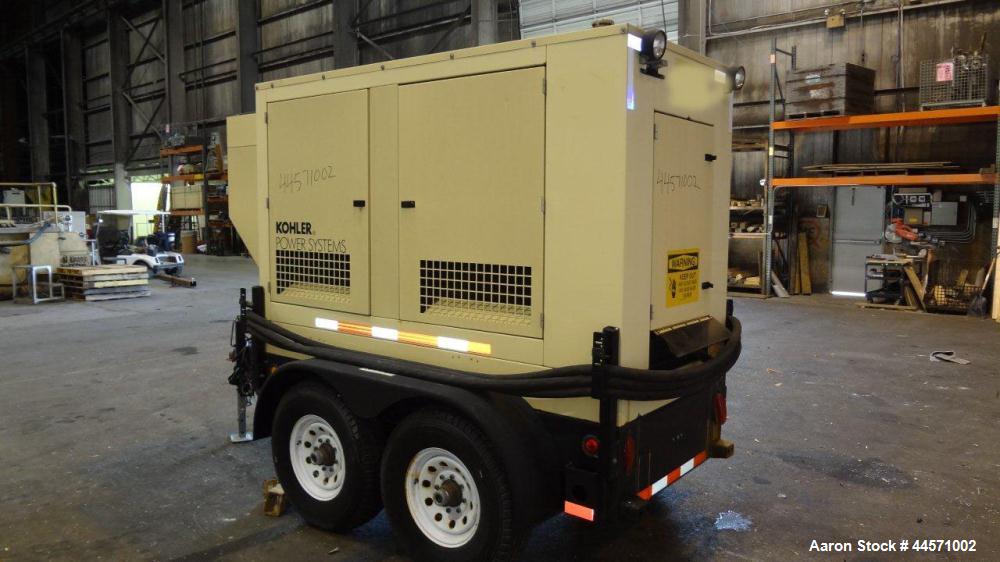 Used Kohler 54 kW standby (50kW prime) diesel generator set, trailer mounted, model 60REOZJB, SN-2002787. John Deere 4045TF270 engine rated 110 HP @ 1800 RPM, emissions EPA tier 2 certified, SN-PE404...