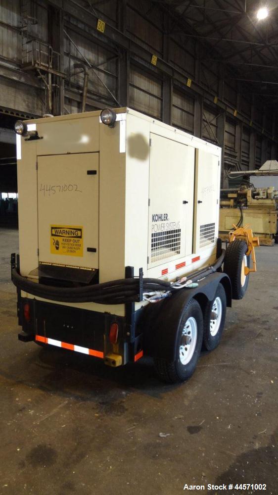 Used Kohler 54 kW standby (50kW prime) diesel generator set, trailer mounted, model 60REOZJB, SN-2002787. John Deere 4045TF270 engine rated 110 HP @ 1800 RPM, emissions EPA tier 2 certified, SN-PE404...