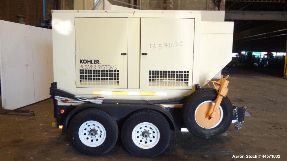 Used Kohler 54 kW standby (50kW prime) diesel generator set, trailer mounted, model 60REOZJB, SN-2002787. John Deere 4045TF270 engine rated 110 HP @ 1800 RPM, emissions EPA tier 2 certified, SN-PE404...