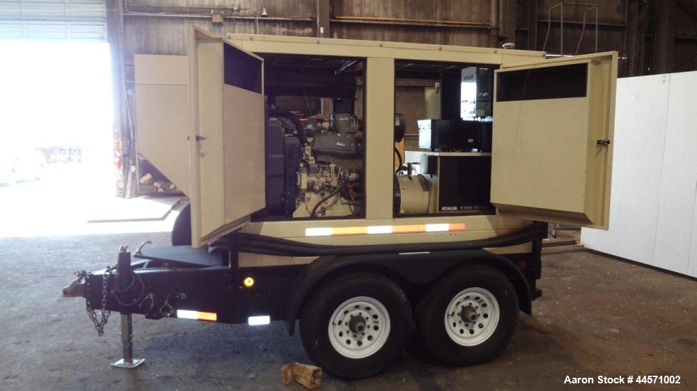 Used Kohler 54 kW standby (50kW prime) diesel generator set, trailer mounted, model 60REOZJB, SN-2002787. John Deere 4045TF270 engine rated 110 HP @ 1800 RPM, emissions EPA tier 2 certified, SN-PE404...