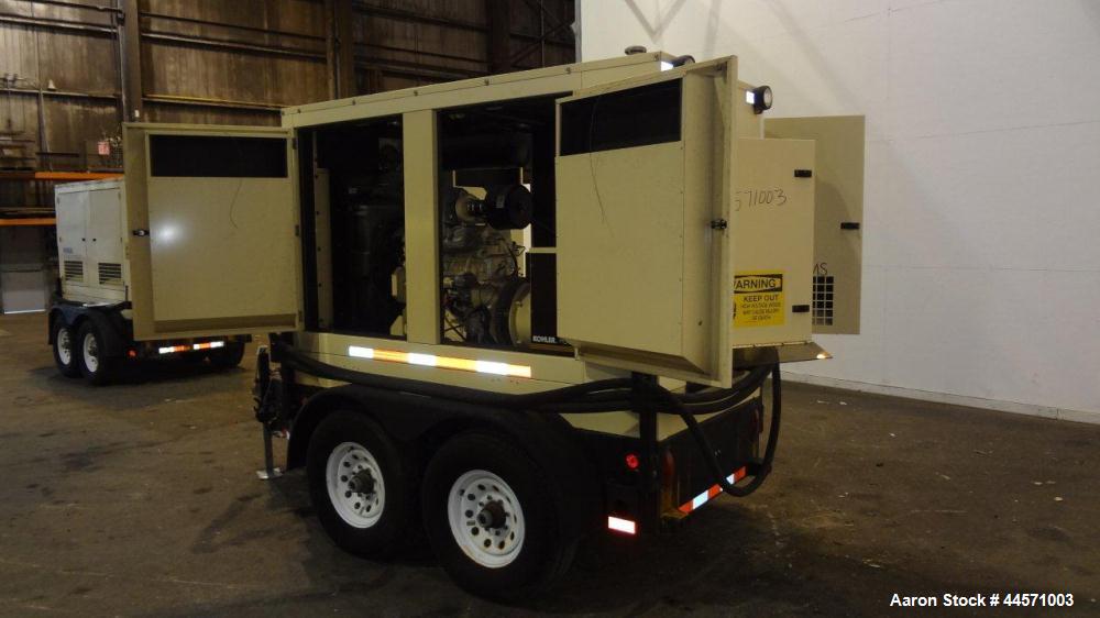Used Kohler 54 kW Standby (50 kW Prime) Rated Diesel Generator Set, trailer mounted, model 60REOZJB, serial #2002041.  John Deere 4045TF270 engine rated 110 hp @ 1800 rpm, emissions EPA tier 2 certif...