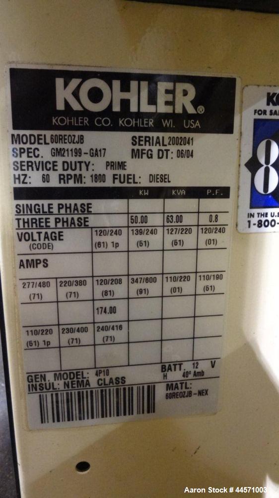 Used Kohler 54 kW Standby (50 kW Prime) Rated Diesel Generator Set, trailer mounted, model 60REOZJB, serial #2002041.  John Deere 4045TF270 engine rated 110 hp @ 1800 rpm, emissions EPA tier 2 certif...