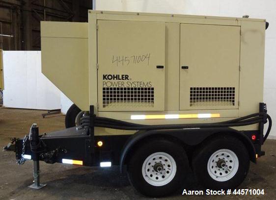 Used Kohler 54 kW standby (50 kW prime) diesel generator set, trailer mounted, model 60REOZJB, SN-2000383. John Deere 4045TF270 engine rated 110 HP @ 1800 RPM, emissions EPA tier 2 certified. 3/60/12...