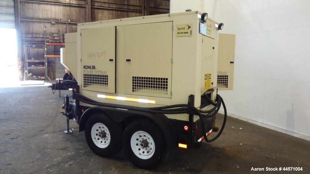 Used Kohler 54 kW standby (50 kW prime) diesel generator set, trailer mounted, model 60REOZJB, SN-2000383. John Deere 4045TF270 engine rated 110 HP @ 1800 RPM, emissions EPA tier 2 certified. 3/60/12...