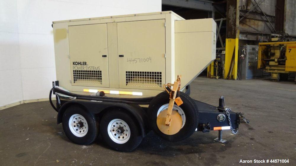 Used Kohler 54 kW standby (50 kW prime) diesel generator set, trailer mounted, model 60REOZJB, SN-2000383. John Deere 4045TF270 engine rated 110 HP @ 1800 RPM, emissions EPA tier 2 certified. 3/60/12...