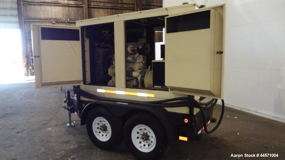 Used Kohler 54 kW standby (50 kW prime) diesel generator set, trailer mounted, model 60REOZJB, SN-2000383. John Deere 4045TF270 engine rated 110 HP @ 1800 RPM, emissions EPA tier 2 certified. 3/60/12...