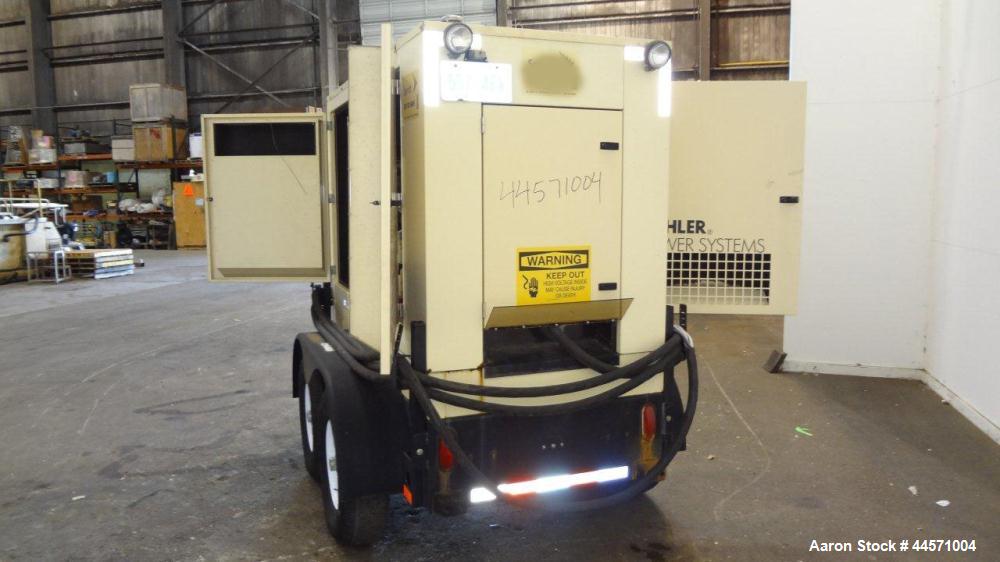 Used Kohler 54 kW standby (50 kW prime) diesel generator set, trailer mounted, model 60REOZJB, SN-2000383. John Deere 4045TF270 engine rated 110 HP @ 1800 RPM, emissions EPA tier 2 certified. 3/60/12...
