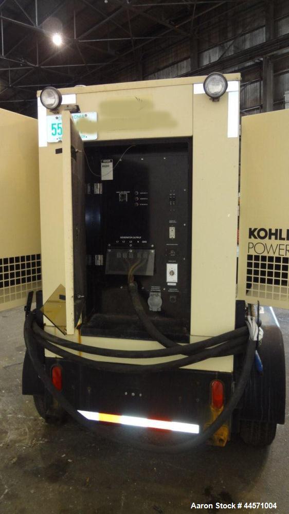 Used Kohler 54 kW standby (50 kW prime) diesel generator set, trailer mounted, model 60REOZJB, SN-2000383. John Deere 4045TF270 engine rated 110 HP @ 1800 RPM, emissions EPA tier 2 certified. 3/60/12...
