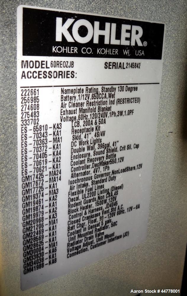 Used Kohler / John Deere 58 kW diesel generator, model 60REOZJB. John Deere 404