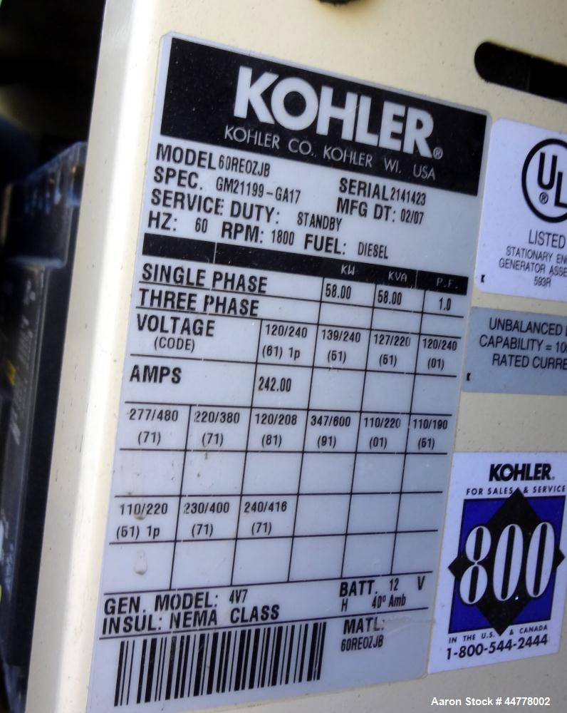 Used Kohler 58 kW Standby (53 kW Prime) Diesel Generator Set, Model 60REOZJB, Serial #2141423.  John Deere model 4045TF270 engine rated 110 hp @ 1800 rpm, serial #PE4045T635629, emissions EPA tier 2 ...