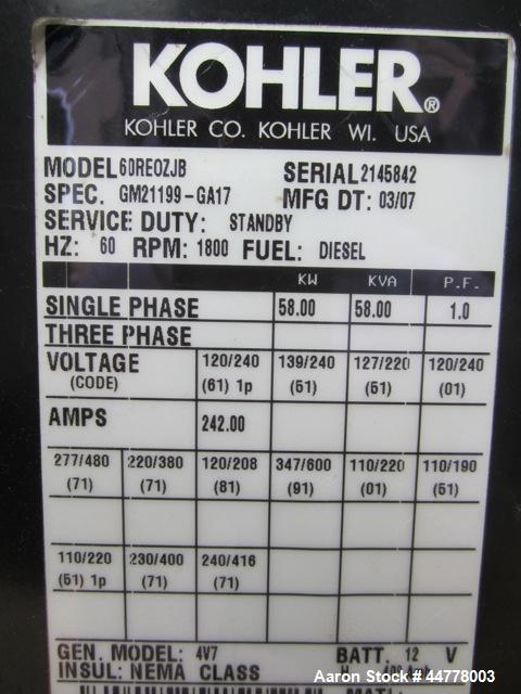 Used John Deere/Kohler 58 kW Standby Diesel Generator Set, Model 60REOZJB