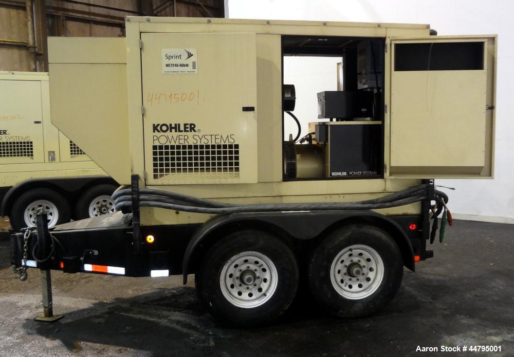 Used Kohler 54 kW Standby (50 kW Prime) Rated Diesel Generator Set, trailer mounted, model 60REOZJB, serial #0793326.  John Deere 4045TF270 engine rated 110 hp @ 1800 rpm, emissions EPA tier 2 certif...