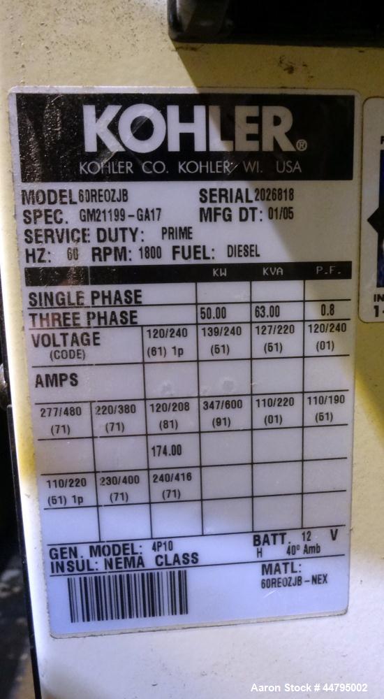 Used- Kohler 54 kW Standby (50 kW Prime) Rated Diesel Generator Set, trailer mounted, model 60REOZJB, serial #2026818.  John...