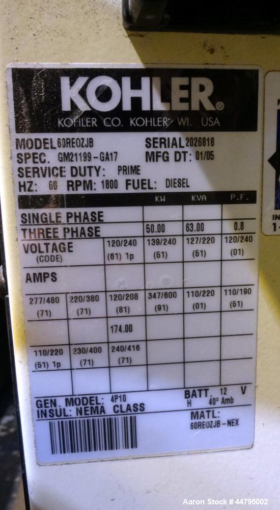 Used Kohler 54 kW Standby (50 kW Prime) Rated Diesel Generator Set, trailer mounted, model 60REOZJB, serial #2026818.  John Deere 4045TF270 engine rated 110 hp @ 1800 rpm, emissions EPA tier 2 certif...