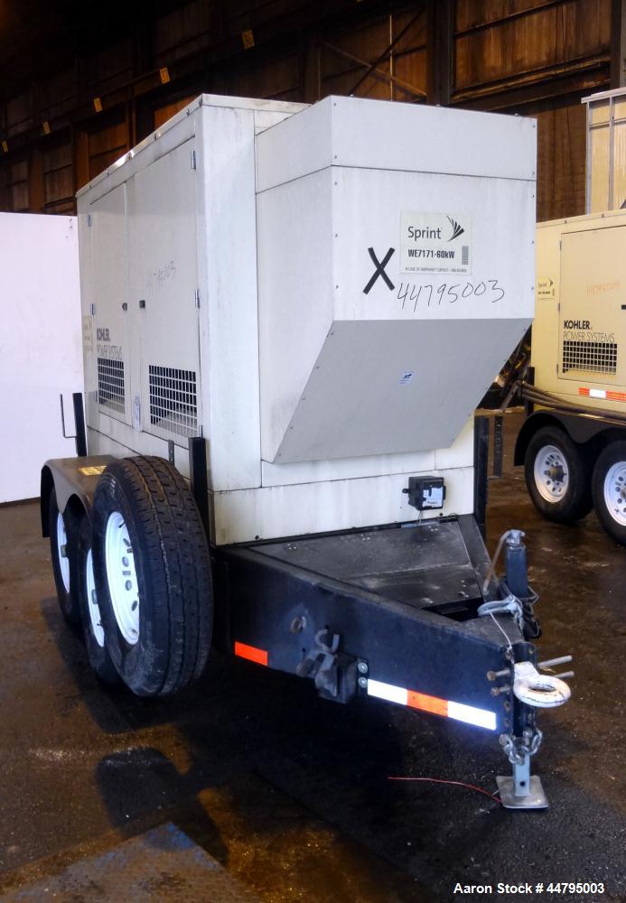 Used Kohler 54 kW Standby (50 kW Prime) Rated Diesel Generator Set, trailer mounted, model 60REOZJB, serial #0794734.  John Deere 4045TF270 engine rated 110 hp @ 1800 rpm, emissions EPA tier 2 certif...