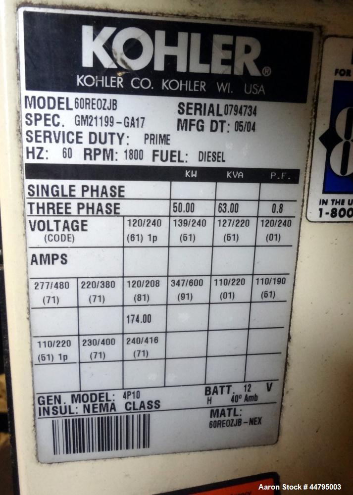 Used Kohler 54 kW Standby (50 kW Prime) Rated Diesel Generator Set, trailer mounted, model 60REOZJB, serial #0794734.  John Deere 4045TF270 engine rated 110 hp @ 1800 rpm, emissions EPA tier 2 certif...