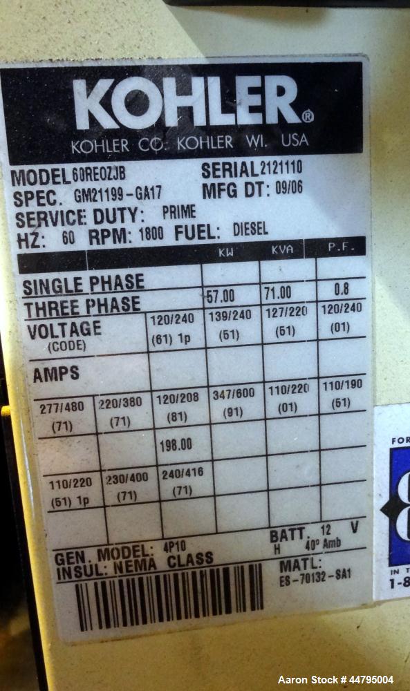 Used Kohler 62 kW Standby (57 kW Prime) Rated Diesel Generator Set, trailer mounted, model 60REOZJB, serial #2121110.  John Deere 4045TF270 engine rated 110 hp @ 1800 rpm, emissions EPA tier 2 certif...