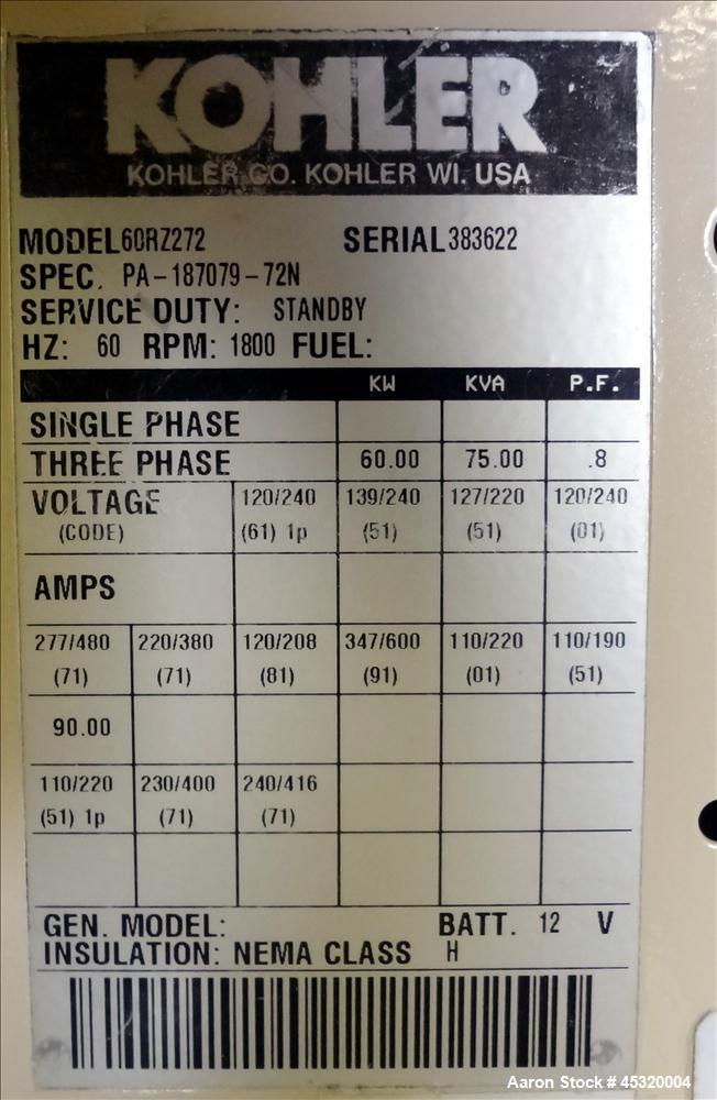 Used Kohler 60 kW natural gas generator, model 60RZ272. Ford LSG-875 engine.