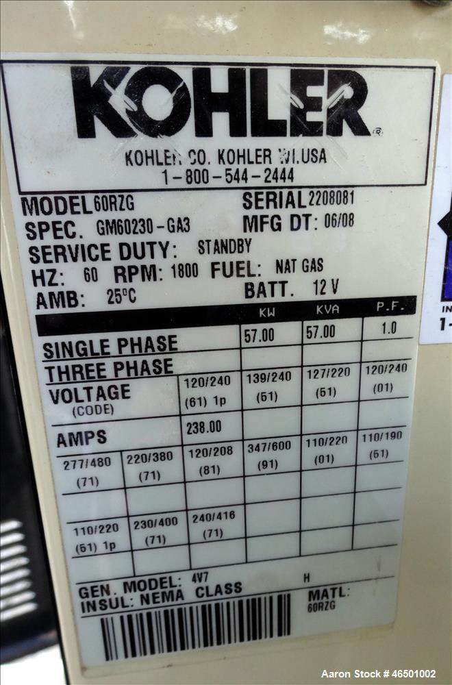 Used Kohler 57 kW  natural gas generator, model 60RZG. GM 5.7L engine.