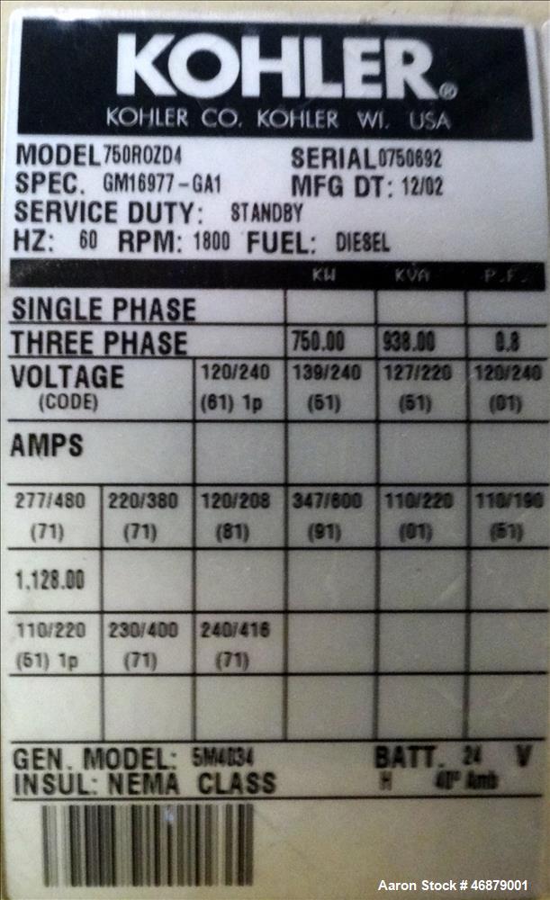 Used- Kohler 750 kW diesel generator set.
Detroit Diesel / MTU 12V2000 G81