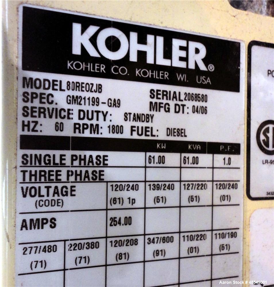 Used John Deere / Kohler 61 kW diesel generator, model 60REOZJB. John Deere 404