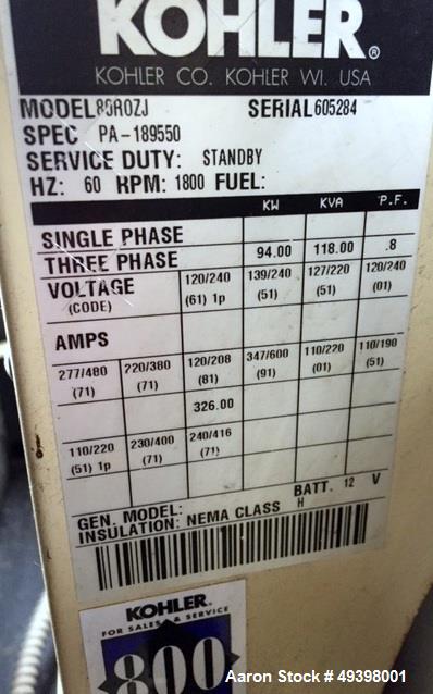 Used Kohler 94kW Standby Diesel Generator Set, Model 80R0ZJ