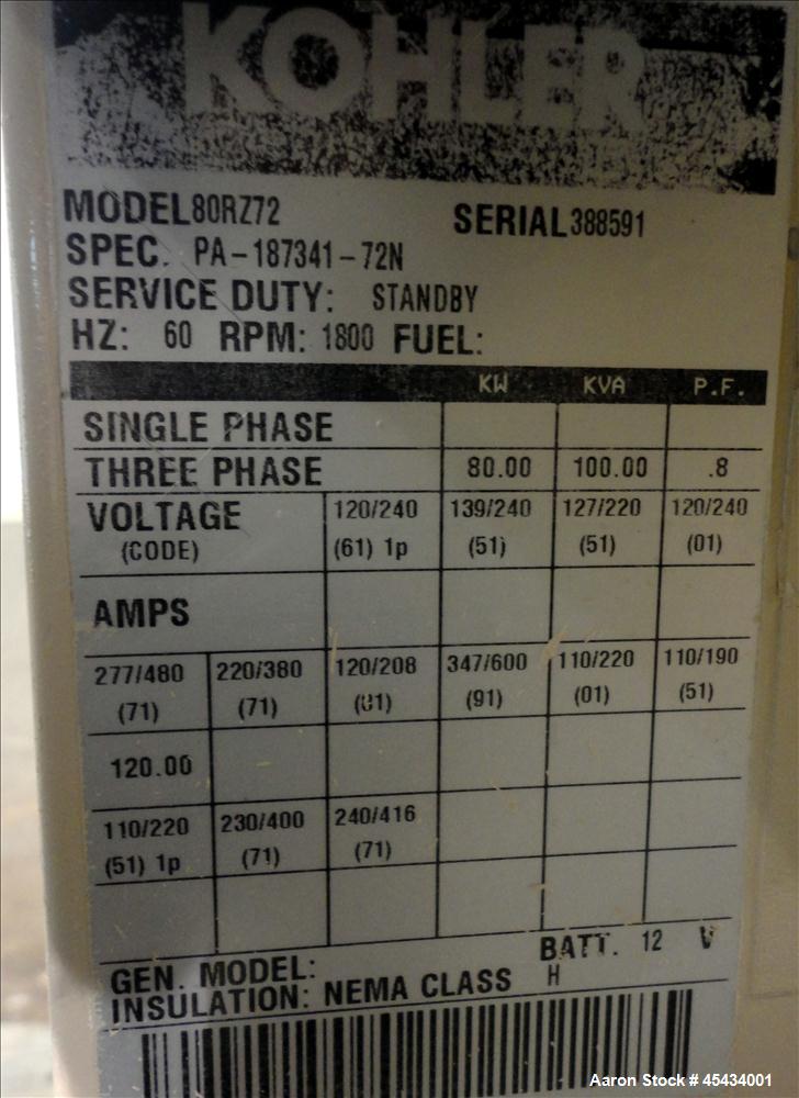 Used Kohler 80 kW Standby Natural Gas Generator Set, Model 80RZ72, Serial #388591. Ford LSG 875 engine rated 132 hp @ 1800 rpm, serial #07533 A-04-RH. 3/60/480V. Mainline circuit breaker. Coolant hea...