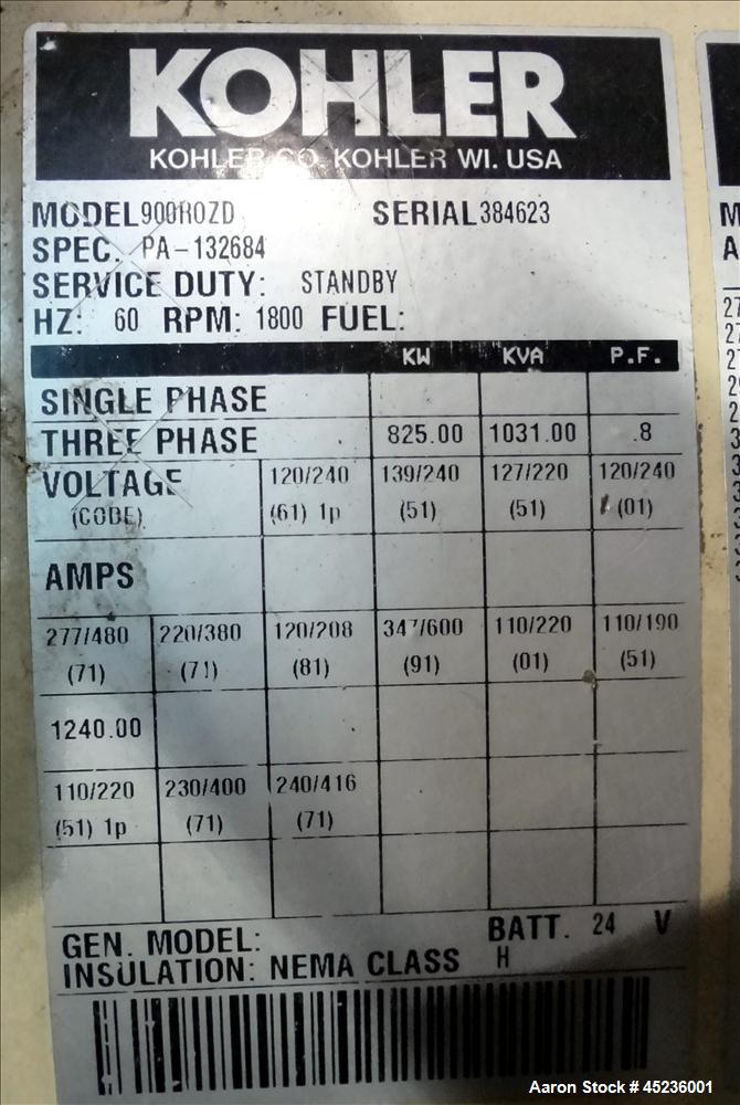Used Kohler 825 kW standby diesel generator set, model 900ROZD, SN-384623. Detroit Diesel 24V-71TA engine rated 1550 HP at 1800 RPM, 3/60/277-480V with PMG (permanent magnet generator) 1600 Amp mainl...