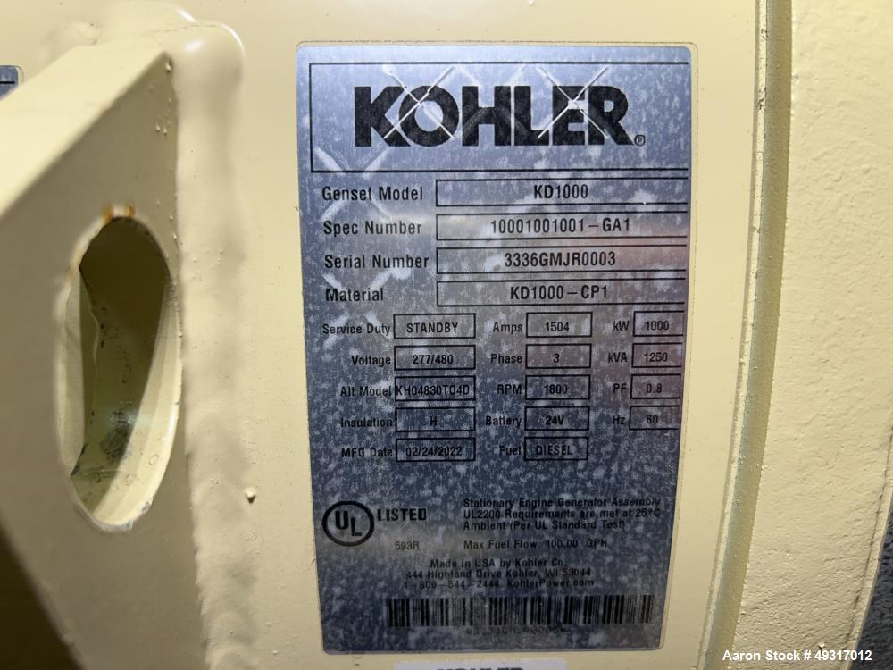 Unused -Kohler 1000 kW Standby (900 kW Prime) Diesel Generator Set