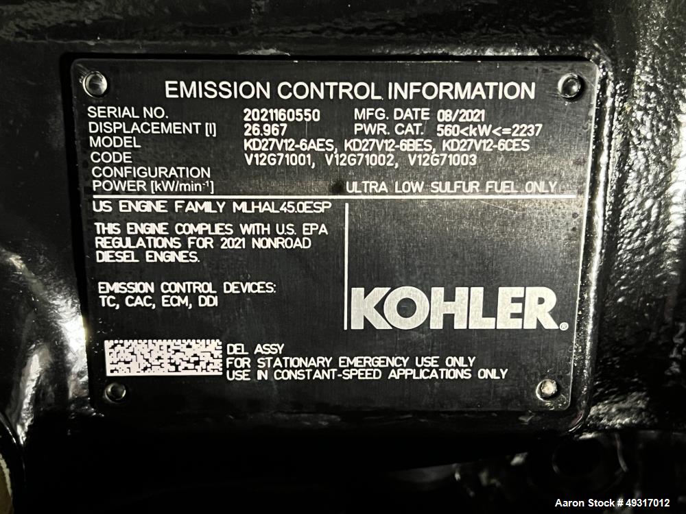 Unused -Kohler 1000 kW Standby (900 kW Prime) Diesel Generator Set