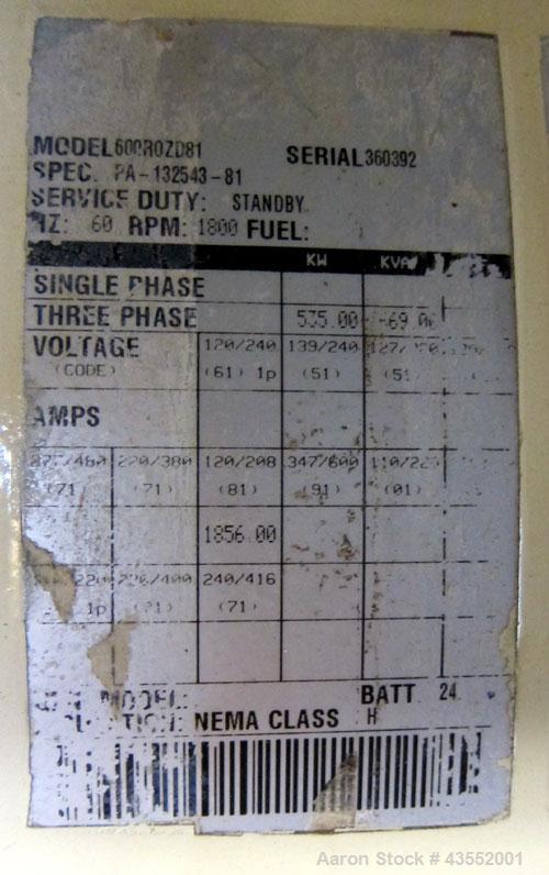 Used Kohler 600 kW Diesel Generator Set, model ROZD81, serial #360392. Detroit Diesel engine 12V92TA. 3/60/277/480V. 1200 Amp main-line circuit breaker. Sound attenuated enclosure. Approximately 650 ...