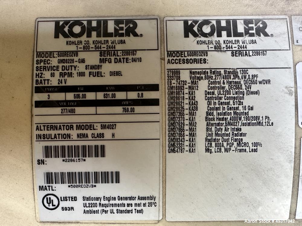 Used Kohler 505 kW Diesel Generator – Model 500REOZVB – Tier 2 Rated