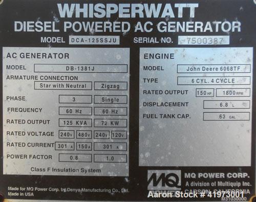 Used MQ Power / Multiquip Whisperwatt trailered 110 kW standby rated / 100 kW prime rated diesel generator set. Whisperwatt model DCA-125SSJU, SN-7500387. John Deere model 6068TF250, SN-PE6068T055366...