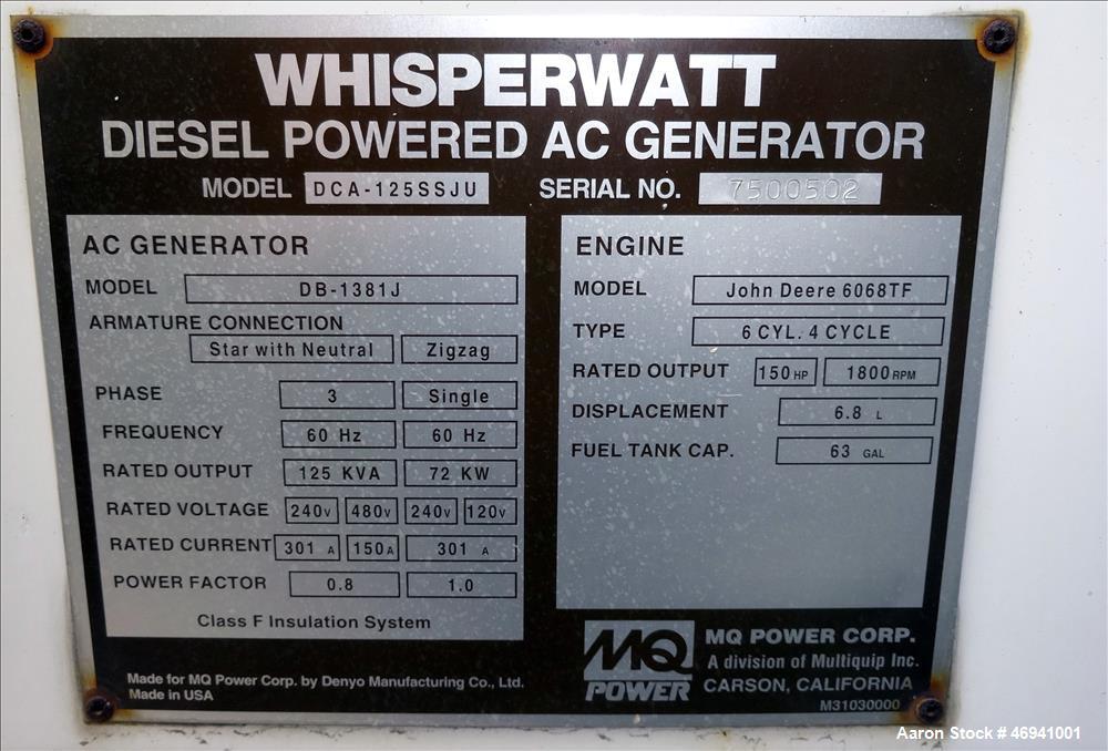 Used Multiquip MQ Power WhisperWatt 110 kW standby (100 kW prime) diesel genera