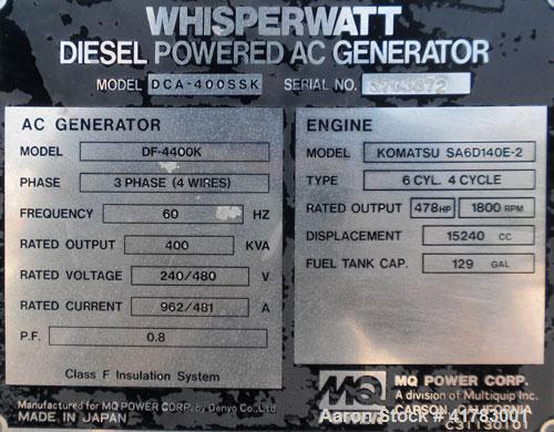 Used MQ Power / Multiquip Whisperwatt 352 kW Standby /320 kW Prime Rated Diesel Generator Set. Whisperwatt model DCA-400SSK, SN-3703872. Komatsu model SA6D14OE-2, SN-28527, 6 cylinder 4 cycle, 478 hp...
