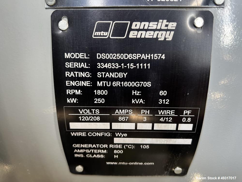 Used MTU 250 kW Standby (230 kW Prime) Diesel Generator Set