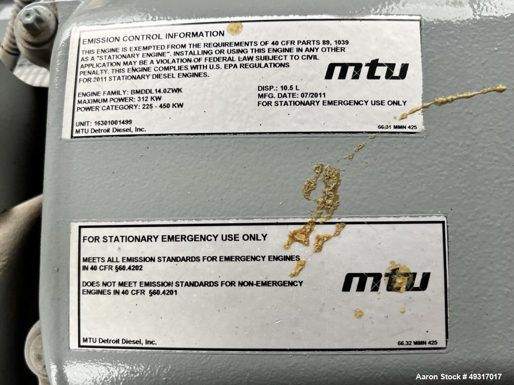 Used MTU 250 kW Standby (230 kW Prime) Diesel Generator Set