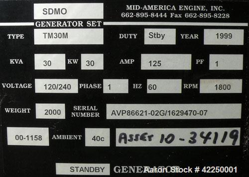 Used Mitsubishi/SDMO 30 kW Diesel Genset, 1/60/120/240V. SDMO M 150, type TM30M, SN-AVP86621-02G/1629470-07. 125 Amp. 1 hr. Yr 1999. Load bank tested at full load for 1 hour 4/9/2010.
