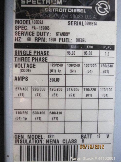 Used Detroit Diesel Spectrum 95 kW diesel generator set, Model 100 D8J, SN-0699814. John Deere model 6059TF003 engine SN-CD6059T416171. 1/60/120/240V. 400 Amp main-line circuit breaker. Battery charg...