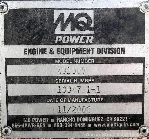 Used MQ Power / Multiquip 100kW standby (90kW prime) diesel generator set. MQ model KD100V, Volvo model TAD 520 GE SN-5300732010. Generator model 362PSL1606, SN-LM-3746, 3/60/277-480V, voltage select...
